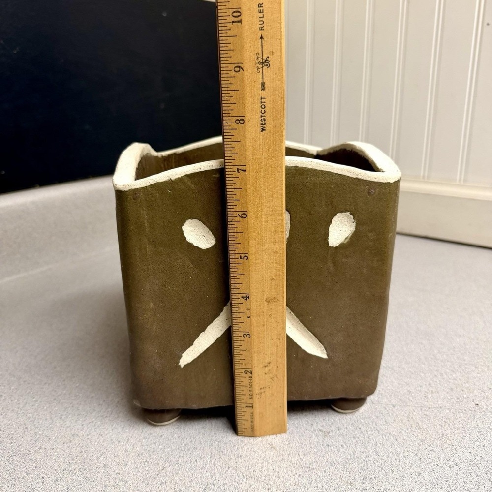 Vintage Handcrafted Japanese Olive Green Square Storage Box Lid Footed 9" Signed - Picture 10 of 12
